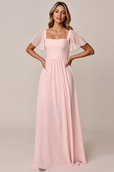 Bonbonrosa A Linie Chiffon Brautjungfernkleid mit quadratischem Ausschnitt